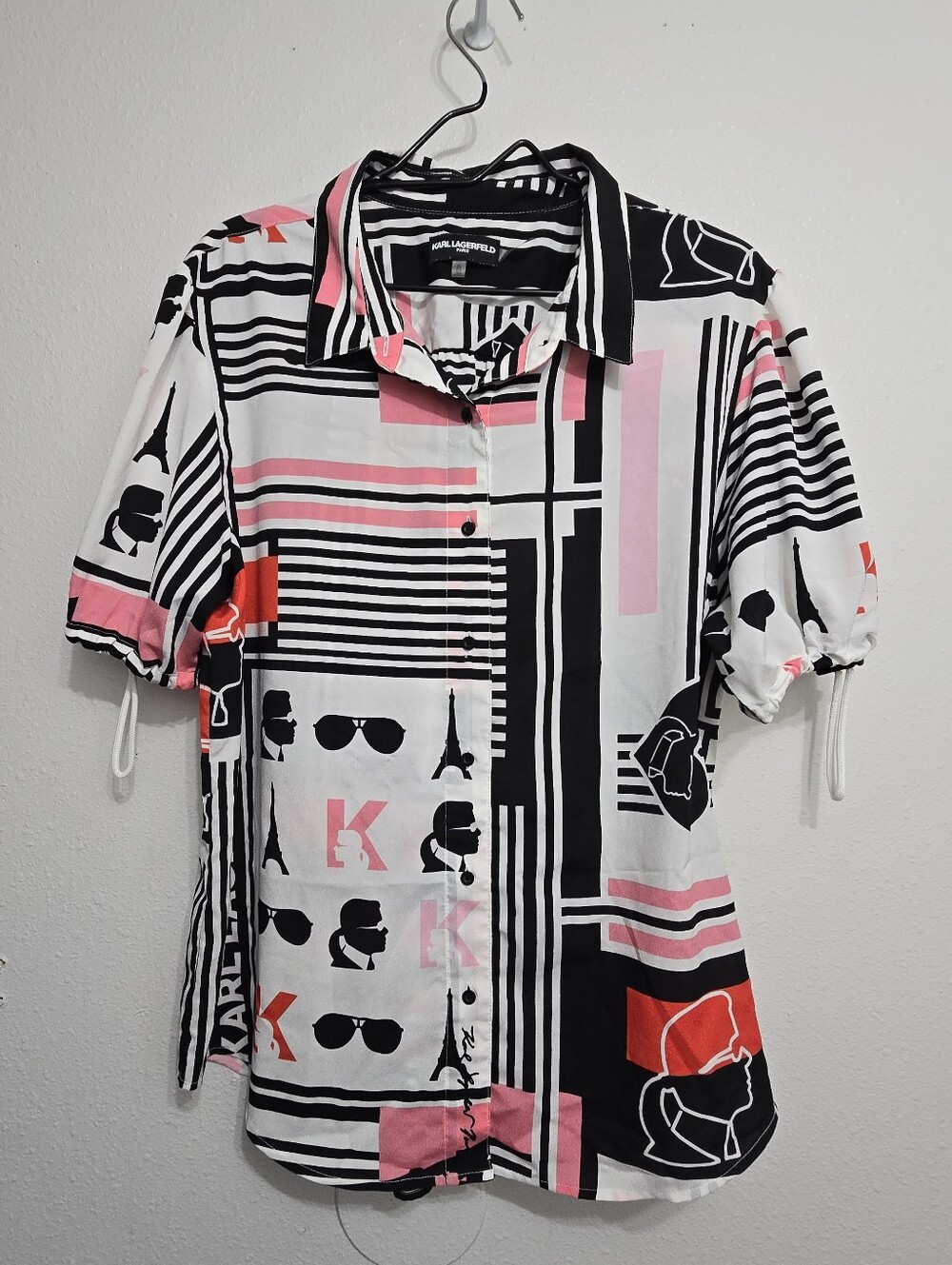 Karl Lagerfeld White, Pink & Black. graphic button up, puffsleeve,